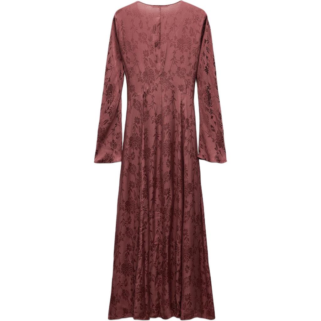 Zara Besticktes Jacquard-Midi-V-Ausschnitt-Langarmkleid Damenkleider Bordeaux 7521270-606