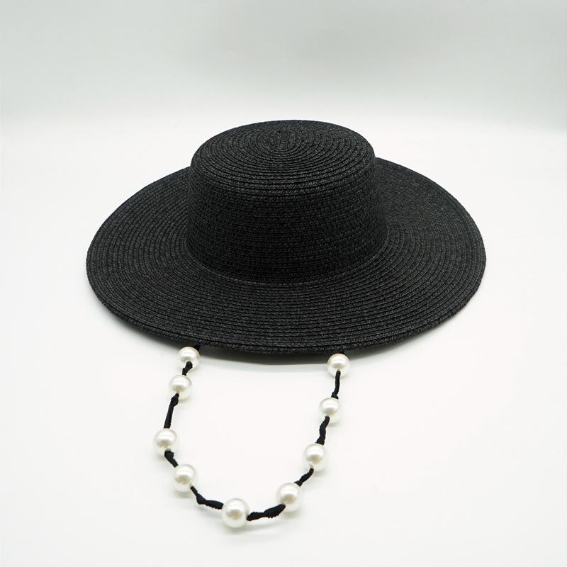 French Retro Internet Celebrity Pearl Chain Black Wide Brim Flat Top Top Top Hat Women'S Summer Sun Protection Shade Vacation Beach Straw Hat
