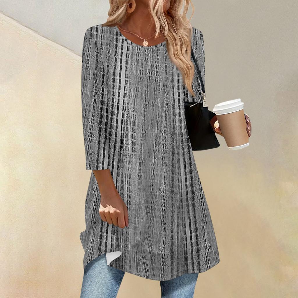 Women's Fashion Casual Three-quarter Sleeve Long Retro Printed Round Neck Top