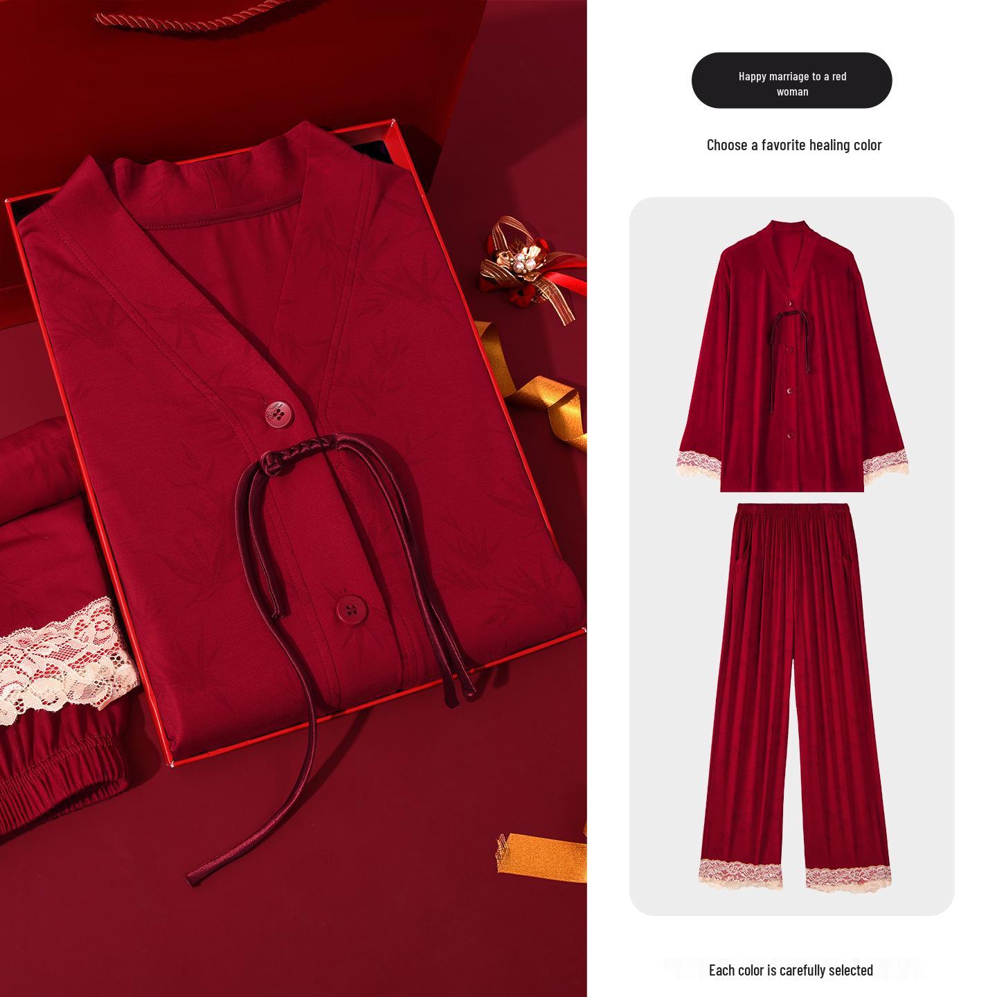 Red Chinese Style Frog Button Wedding Pajama Set L