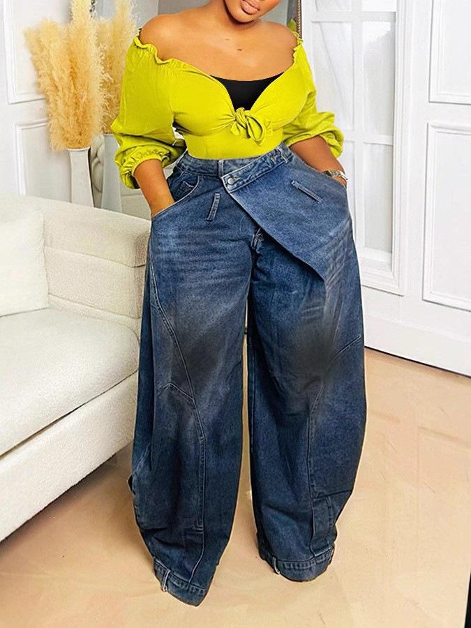 European and American New Retro Old Washed Reverse Waist Women's Jeans Wholesale