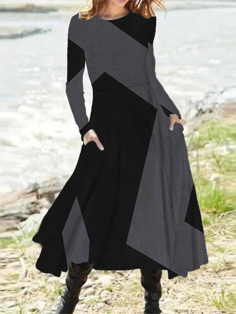 Autumn/Spring Crew Neck Casual Vacation Women's A-Line Midi Dress