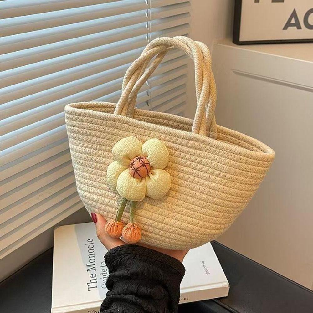 Portable Straw Woven Tote Bag High-capacity Flower Bucket Bag Handmade All-Match Handbag Beach