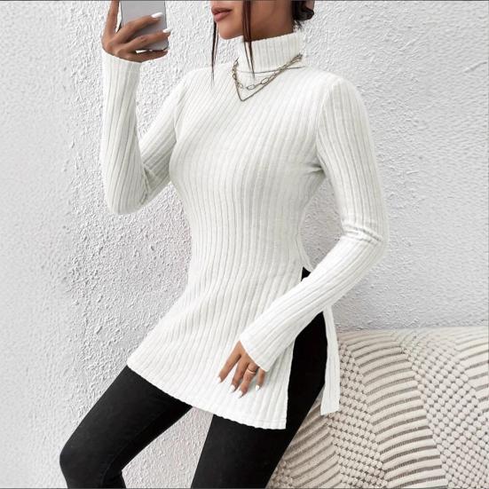 Women Knitting Tops High Collar Long Sleeve Slim Fit Sweater Tops Mid-length Side Split Design Solid Color Ribbed Tops