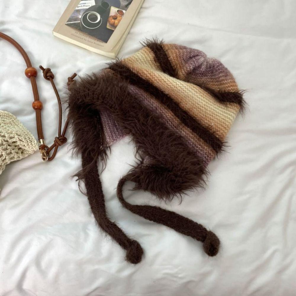 New Design Y2k Handbag-hat Hand-crocheted Pullover Beanie Hat Winter Striped Drawstring Hat  Women