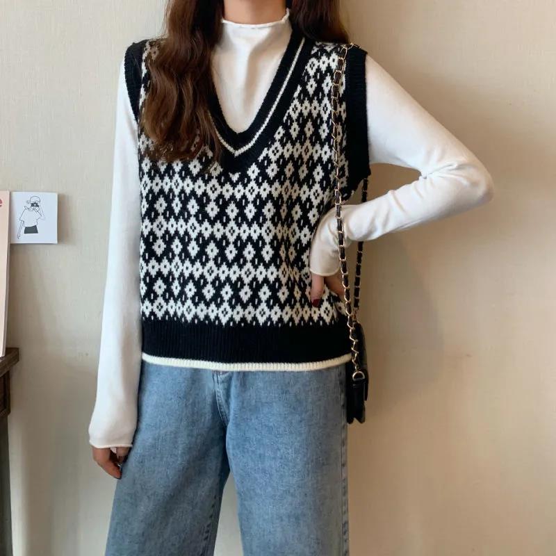 Gilet Scolastico a Quadri Fengling Primavera e Autunno Versione Coreana Femminile Largo Scollo a V Corto in Lana Lavorata a Maglia Senza Maniche