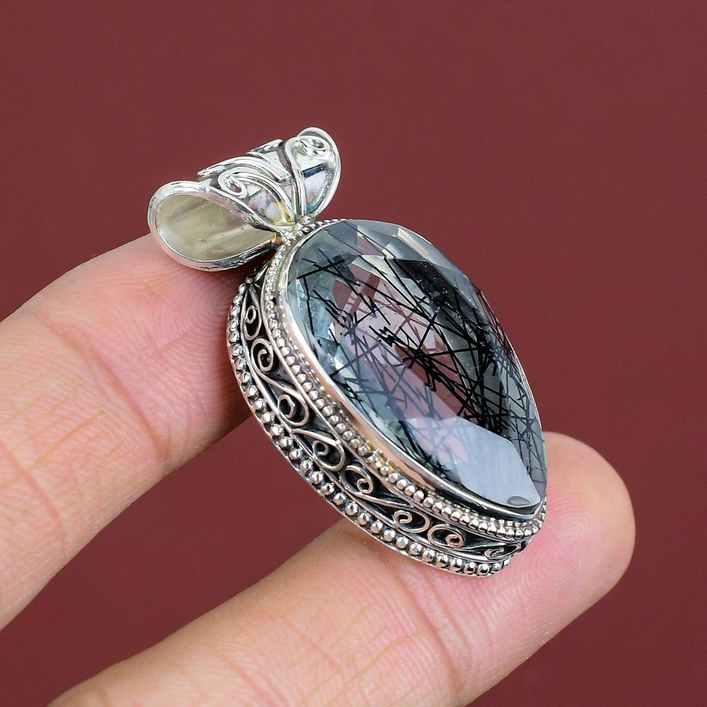 Faceted Black Rutile Pendant 925 Sterling Silver Pendant Handmade Jewelry Natural Gemstone Pendant Very Pretty Vintage Pendant Wedding Gifts