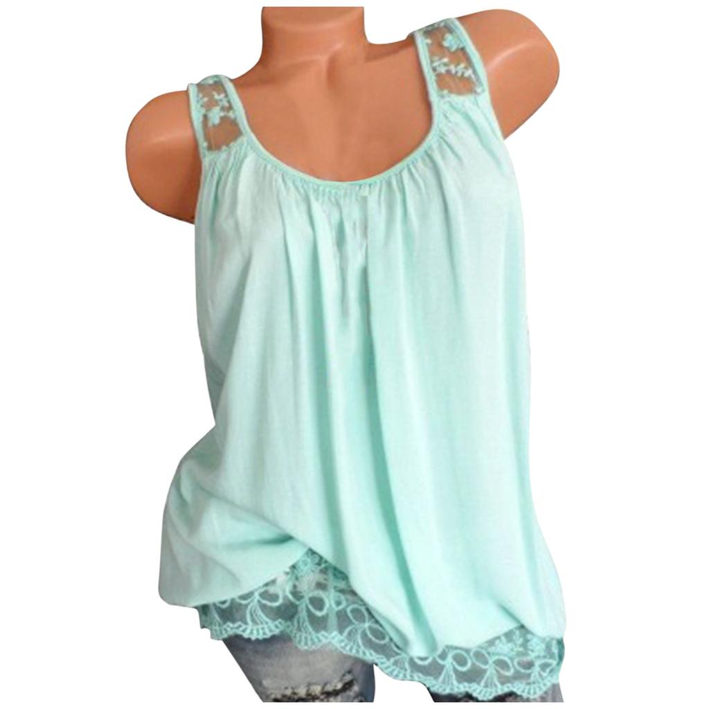 Women Summer 2022 Sleeveless Casual Solid Color O-Neck Lace Hem T-Shirt Tops Blouse