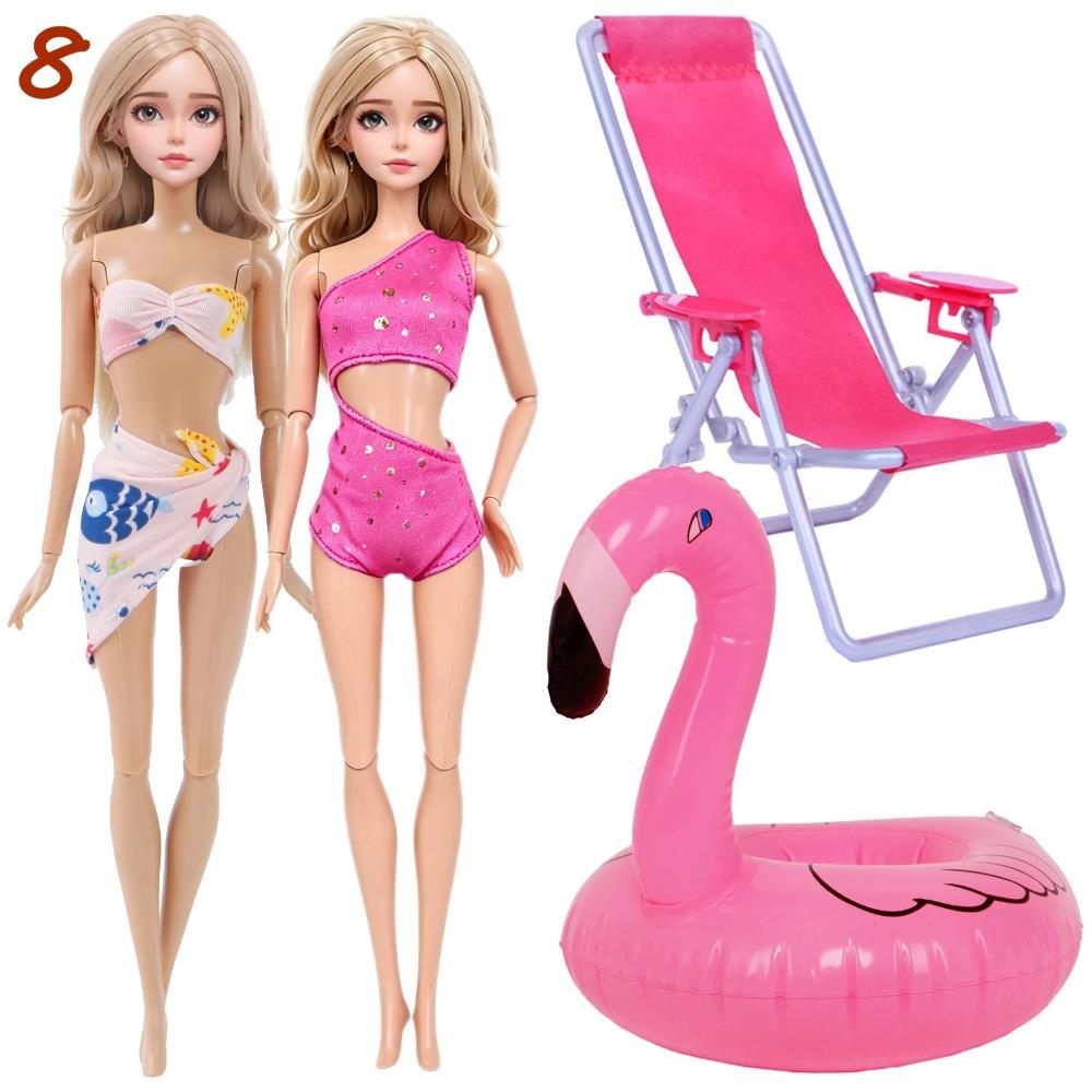 4 Przedmioty Akcesoria do Kostiumów Kąpielowych dla Lalki 2x Kostium Kąpielowy Bikini 1x Leżak Plażowy 1x Nadmuchiwany Koło do Pływania 30CM Ubranka dla Lalki 11,8 Calowa Zabawka Lalka