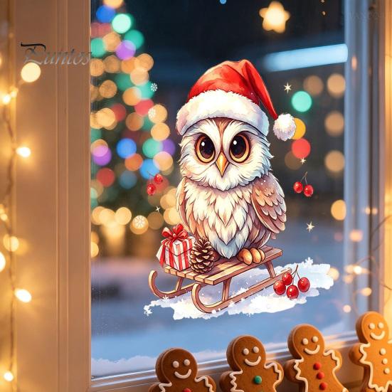 Holiday Glass Decals Christmas Owl Window Static Cling Decal, Waterproof PVC Decorative Sticker, Easy Winter Wall Stickers Apply Sticker for