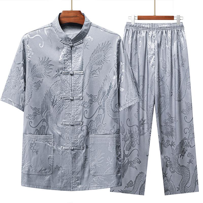 Men's Ice Silk Tang Suit Short Sleeve Set - Chinese Style Summer Clothing for Middle-Aged and Elderly