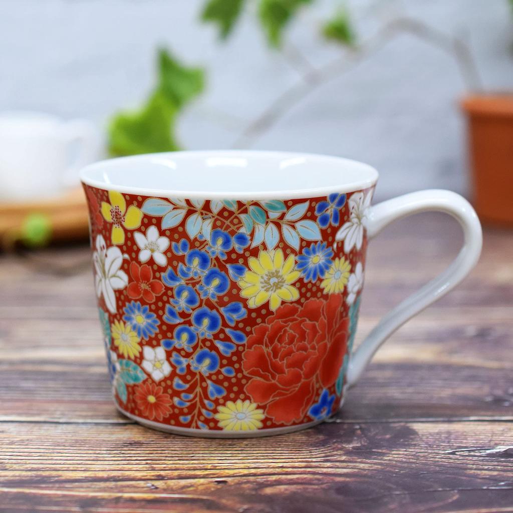 Waza No Kura Kutani Ware Mug, Red Flower Design, High-Quality Ceramic, Made In Japan, Perfect Gift for 60th Birthdays