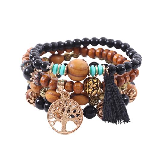 4Pcs Unisex Fashion Wooden Beads Tassel Strand Bangle Bracelet Jewelry Gift
