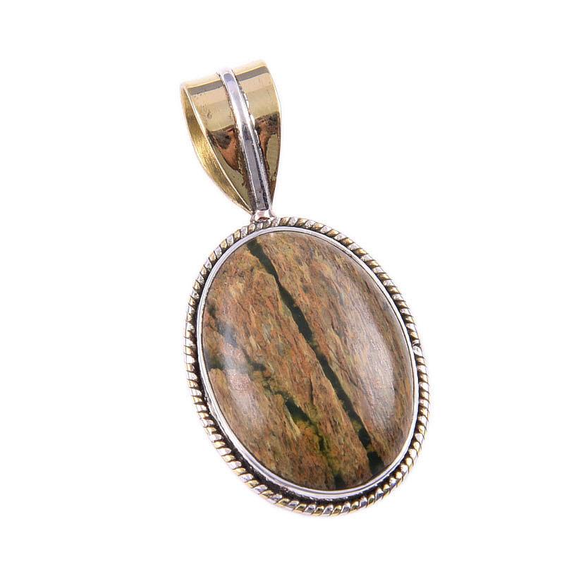 Natural Rhyolite Gemstone 925 Solid Sterling Silver Two Tone Pendant 1.25'' a9N26