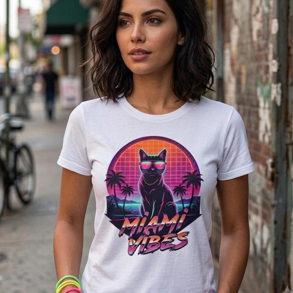 Retro 80s Miami Vibes Cat T-Shirt: Neon Palm Sunset Graphic Tee
