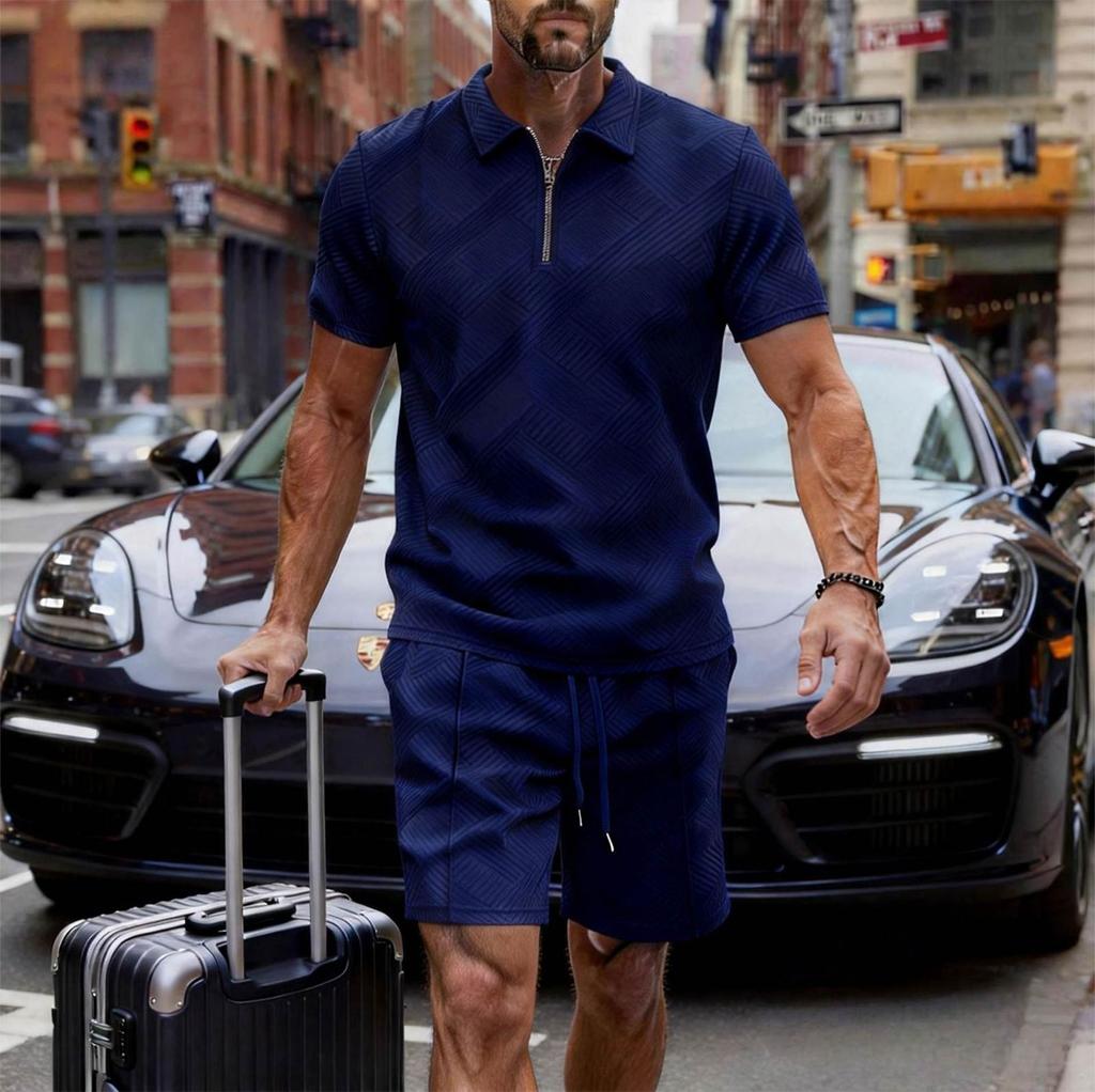 Men's New Casual Color Zipper Collar Shirt Short-sleeve Set