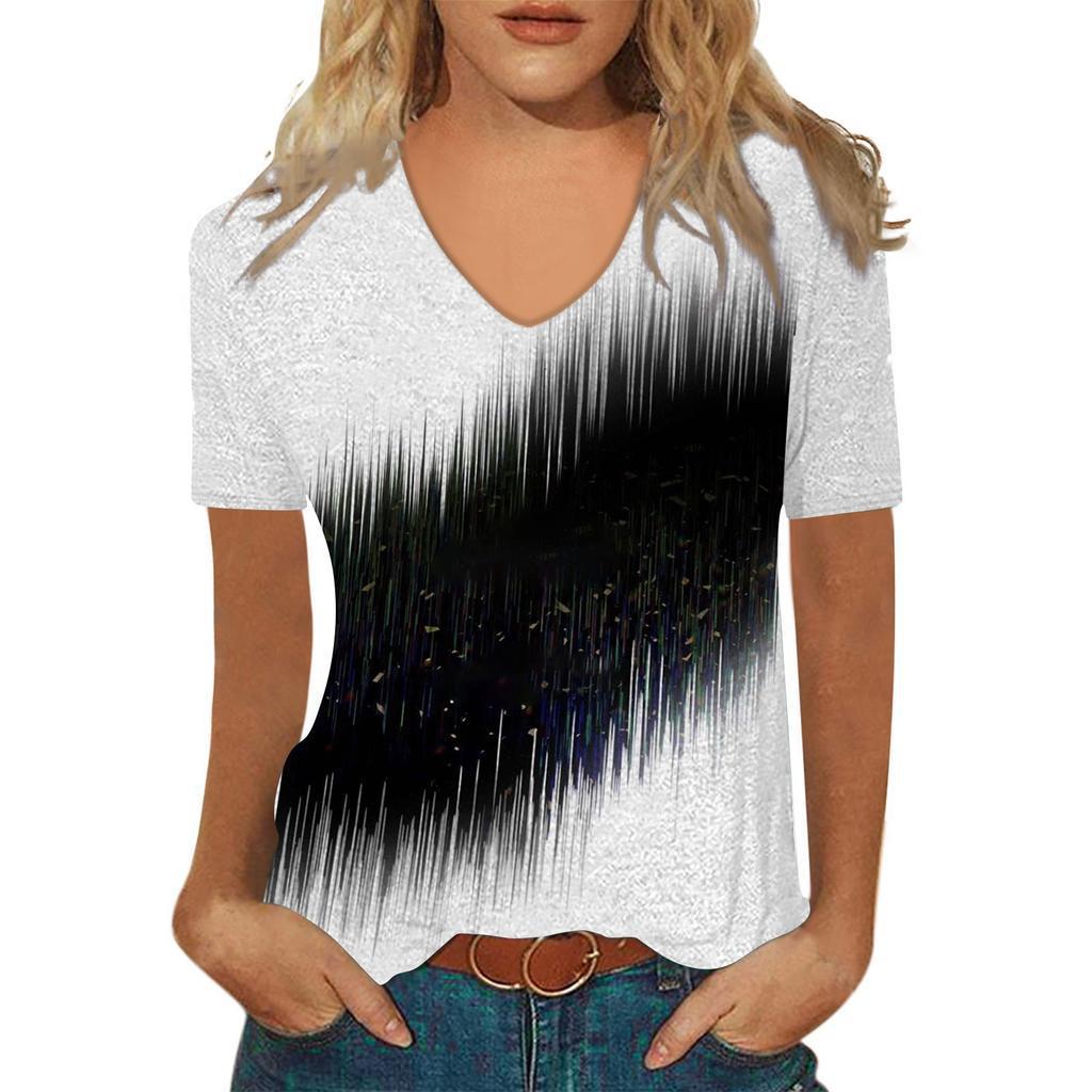 Sommer V-Ausschnitt 3D Abstraktes Retro-Muster Bedrucktes Oberteil Modische Lässige Kurzarm Damen T-Shirts