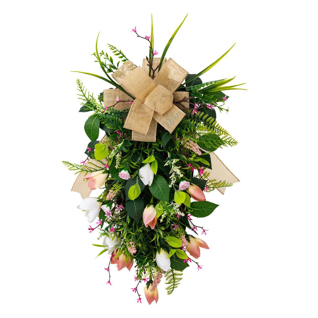 Spring Wreath Artificial Flower Wreath with Bowknot for Front Door Garden Window Outdoor Wedding Decorations