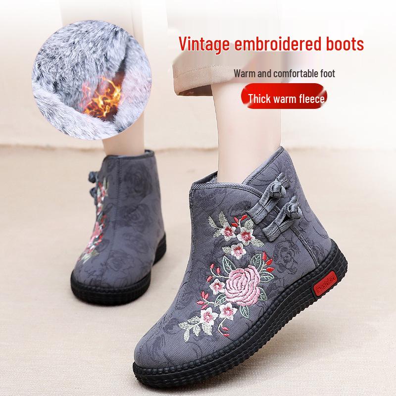 Botines Retro Bordados para Mujer - Zapatos de Mamá de Algodón Felpudo Cálido, Estilo Étnico.