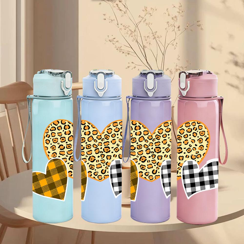 1PC Leopard Buffalo Plaid Heart Combo 750ml Color Plastic Sports Water Bottle Leakproof Flip Straw Lid Suitable for Sports Office Home Use
