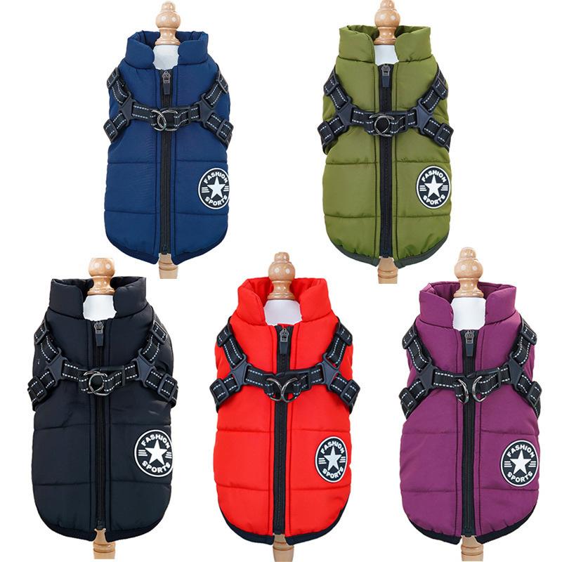 Cold Proof Pet Cotton Vest Coat Built‑in Reflective Harness Winter Dog Ski Coat Warm Sleeveless Clothes For Winter Daily Walking