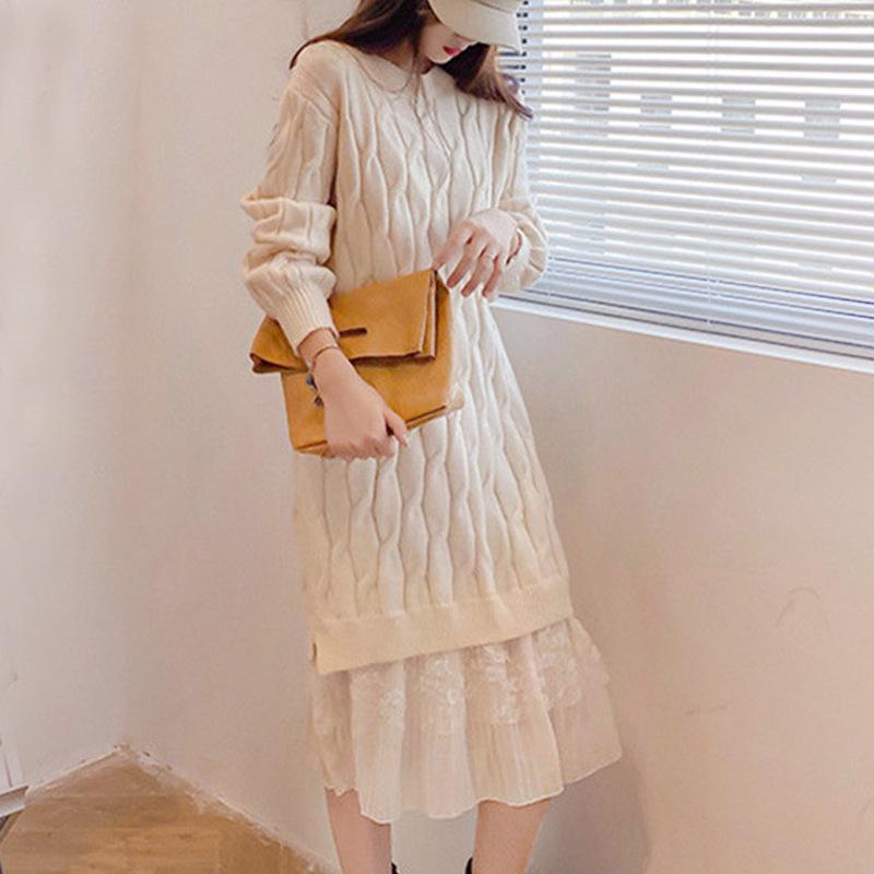 Gentle wind splicing fake two-piece sweater skirt women's autumn and winter twist loose base medium and long a-word dress