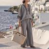 Damer Sommar Bomull Linne 2-delade Outfits Casual 3/4 Ärm Pullover Topp Och Vida Byxor Set Löst Huva Loungeset