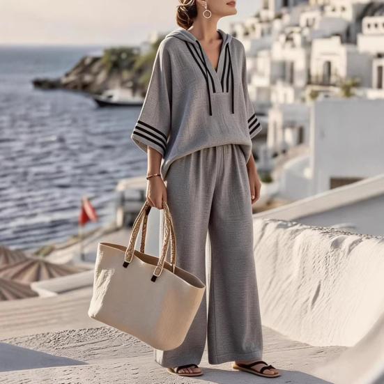 Damer Sommar Bomull Linne 2-delade Outfits Casual 3/4 Ärm Pullover Topp Och Vida Byxor Set Löst Huva Loungeset
