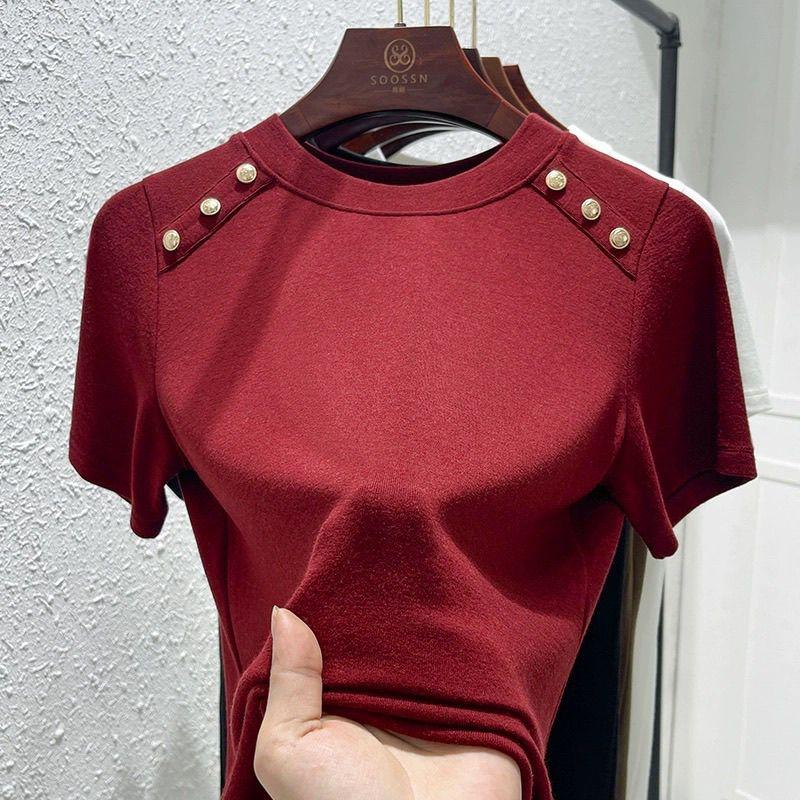 Summer New Cotton Round Neck Short Sleeve T-shirt Women's Solid Patchwork Button Korean Simple Fashion Casual Versatile Top 2024
