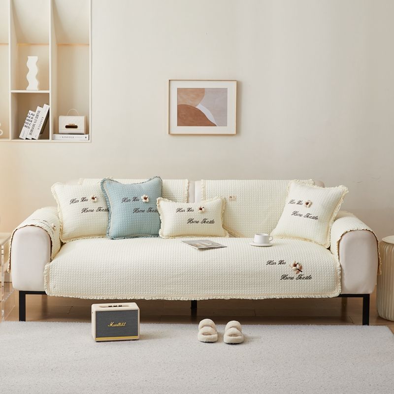 

Pure Cotton Korean Style Embroidered Fabric Sofa Cushion Modern Minimalist Easiest for Match All Year Round Neutral Non Slip Small Fresh Cushion Beige(Kapok) Chair cushion about 45*47cm