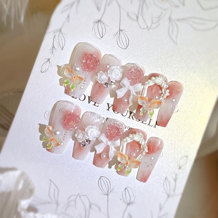 1PC Pink Dream Princess Gradual Change Smudge Flower Bow Handmade Gel Nail Patch