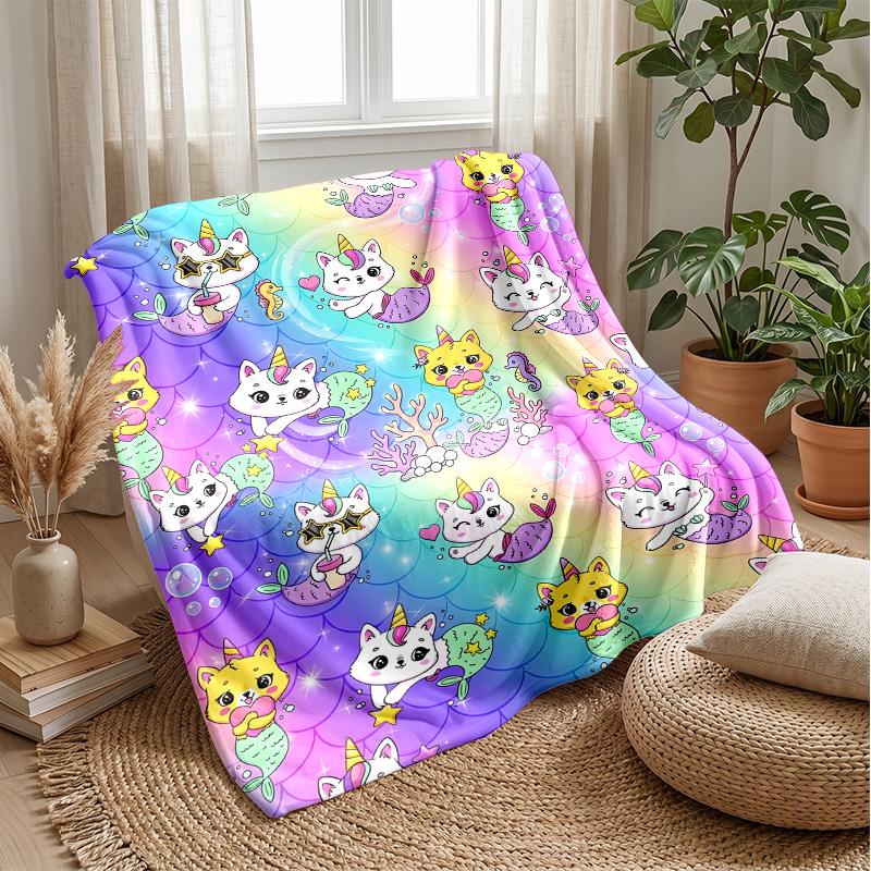 Rainbow Mermaid Cat Pattern Theme Blanket Lightweight Warm Flannel Blanket Decorative Throw Blanket for Home Decoration