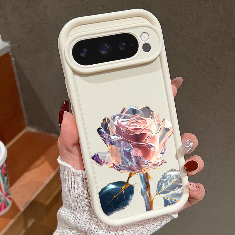 Crystal Rose Flower Print TPU Shockproof Case For Google Pixel 9 Pro XL 8 Pro 8A Lens Protection Matte Soft Phone Cover