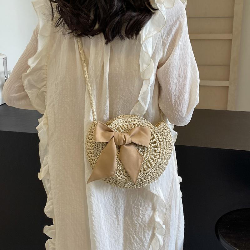 Sommer Kleine Stroh Schulter Umhängetaschen Handgefertigt Strand Handtaschen Schleife Gewebte Tragetasche Runde Umhängetasche Clutch