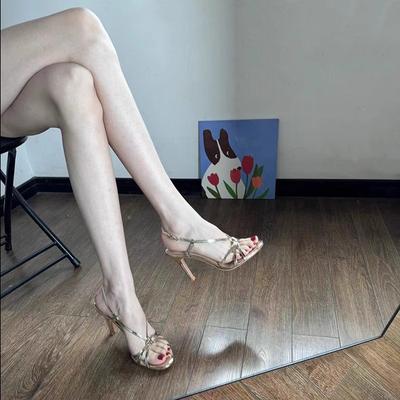 2025 Spring New One-word Buckle Strap Gold High Heels Women's Stiletto Temperament Socialite Women's High-heeled Sandals