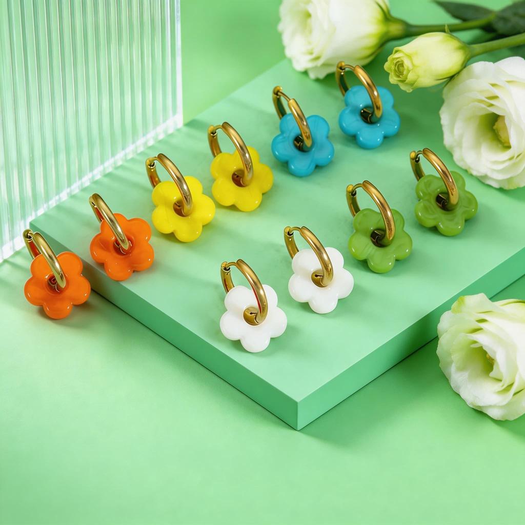 Colorful Small Flower Hoop Earring for Women Girls Stainless Steel Charms Circle Ear Buckle Huggie Earrings Trendy Jewelry Gift