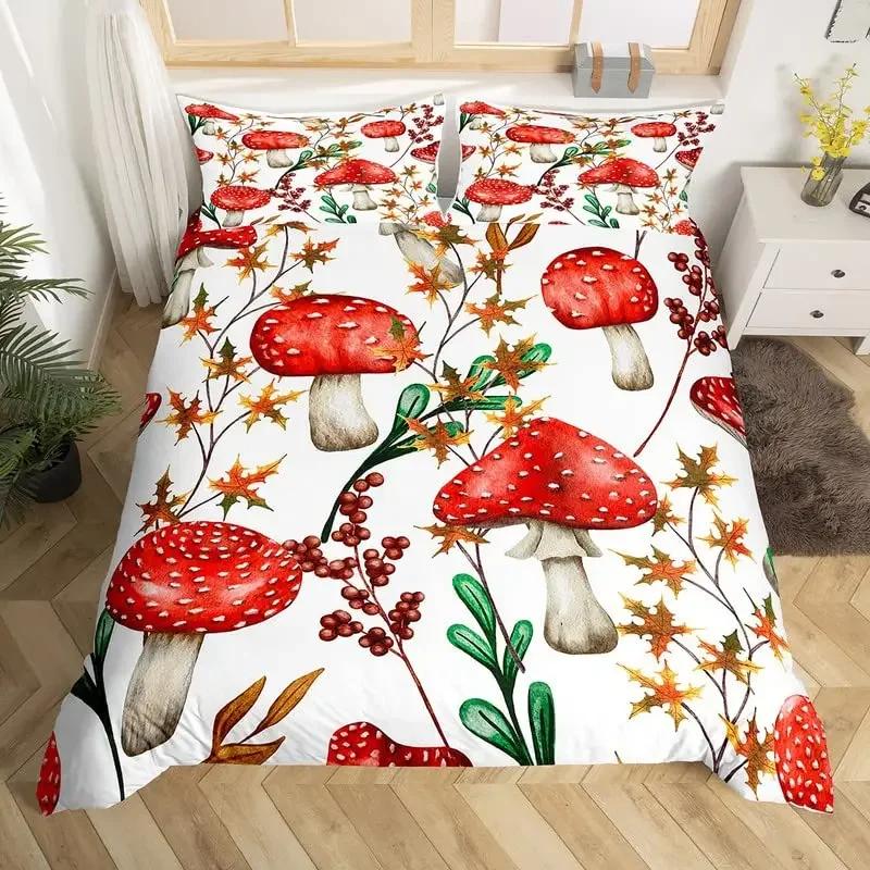 Cute Mushroom Duvet Cover Set Microfiber Hippie Theme Exotic Plant Mushrooms Bedding Set Kawaii Fungus Comforter Cover Twin King