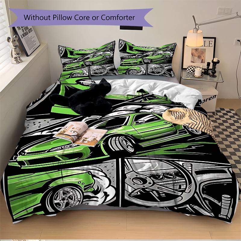 3pcs Drift Car Anime Cartoon Design Comforter Set with One Quilt Cover and Two Pillowcases (No Core) - Home Decor, Festival Gift, Polyester Fabric, Su