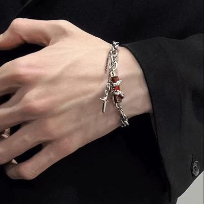 Stylish Black Gemstone Cross Patchwork Bracelet for Men & Women - High-End Titanium Steel Hand Jewelry
