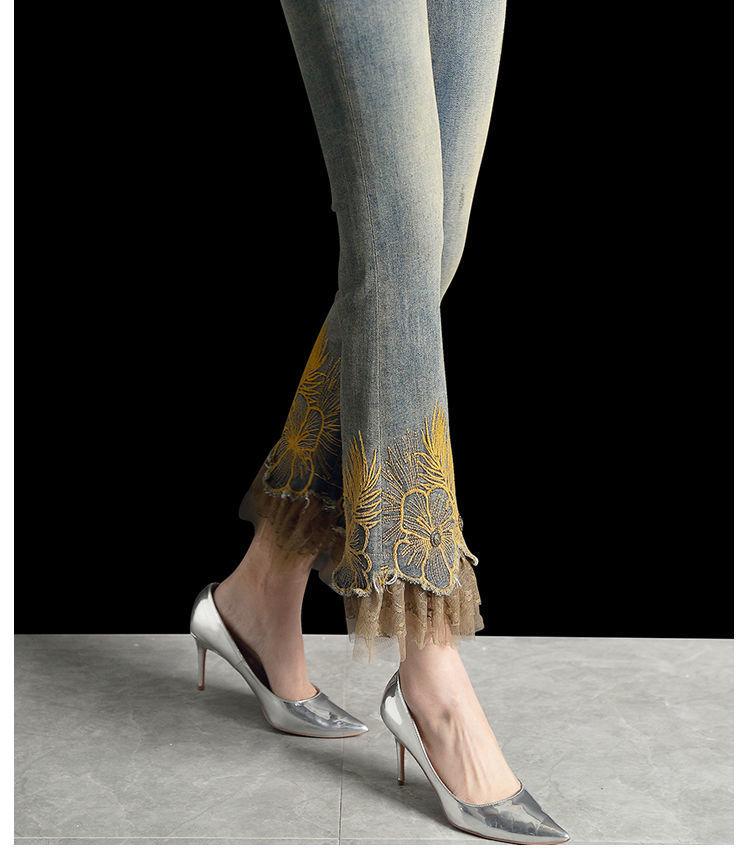 2025 Embroidered Wide Leg Women's High Waist Slimming Micro Flare Jeans - Korean Style, Spring/Autumn