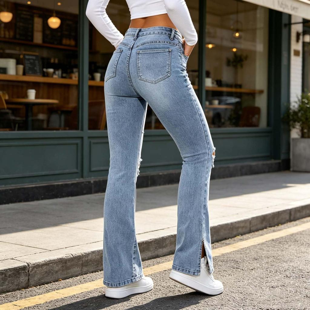 Women's Slim Fit Distressed Jeans with Side Slit Hem - Stretch Denim Casual Pants