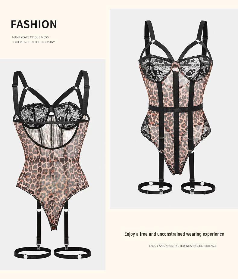 Leopard Print Lace Mesh Strappy Lingerie Bodysuit Set