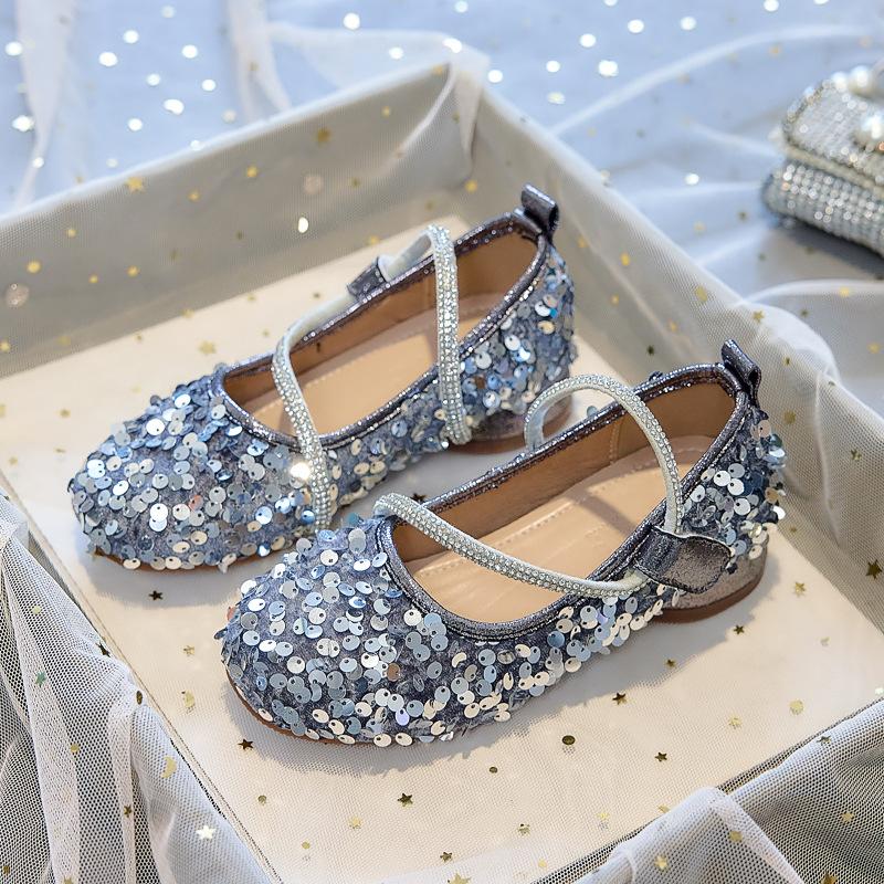 Girls' high-heeled princess shoes2026New style sequin and rhinestone Mary Jane children's shoes for little girls to wear with dresses for