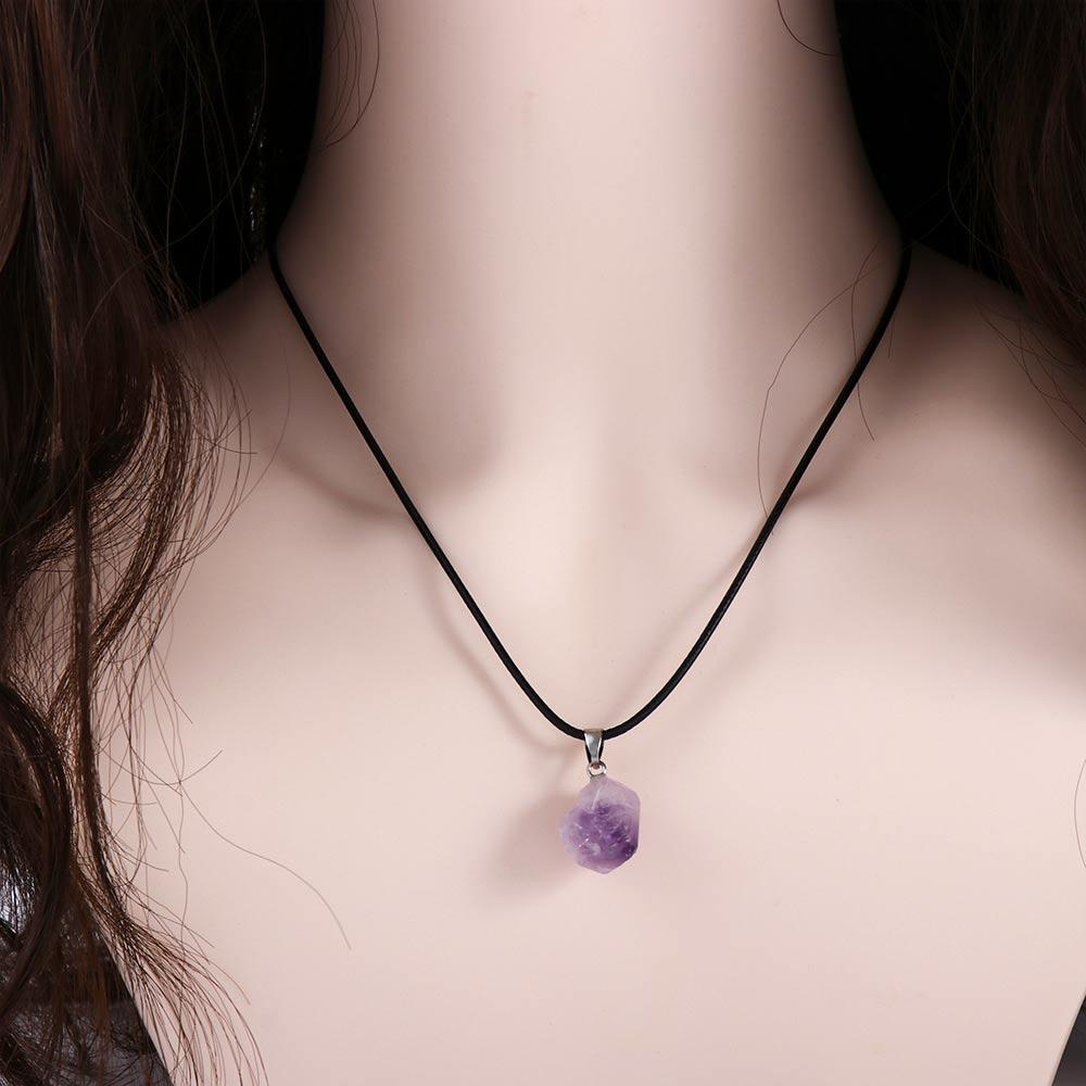 Leather Rope Amethyst Geometry Clavicle Chain Female Necklace Korean Style Jewelry Crystal Necklace