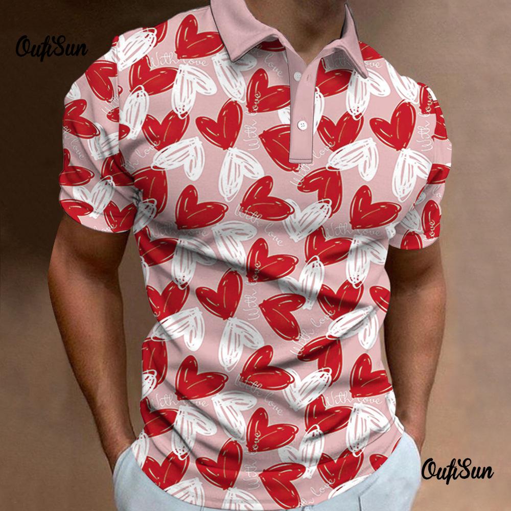 Trendy short-sleeve polo, heart print casual daily wear
