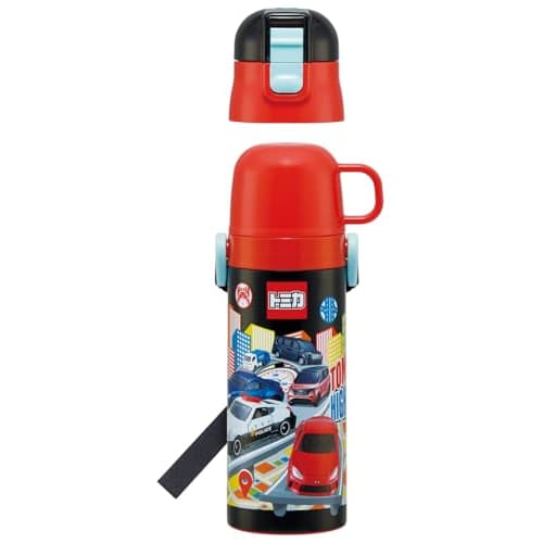 Skater Children's Water Bottle, 2-Way, 470ml (Direct Drinking) and 430ml (Cup Drinking), Tomica 25, Boys' Stainless Steel, Insulated, Lightweight, Spo