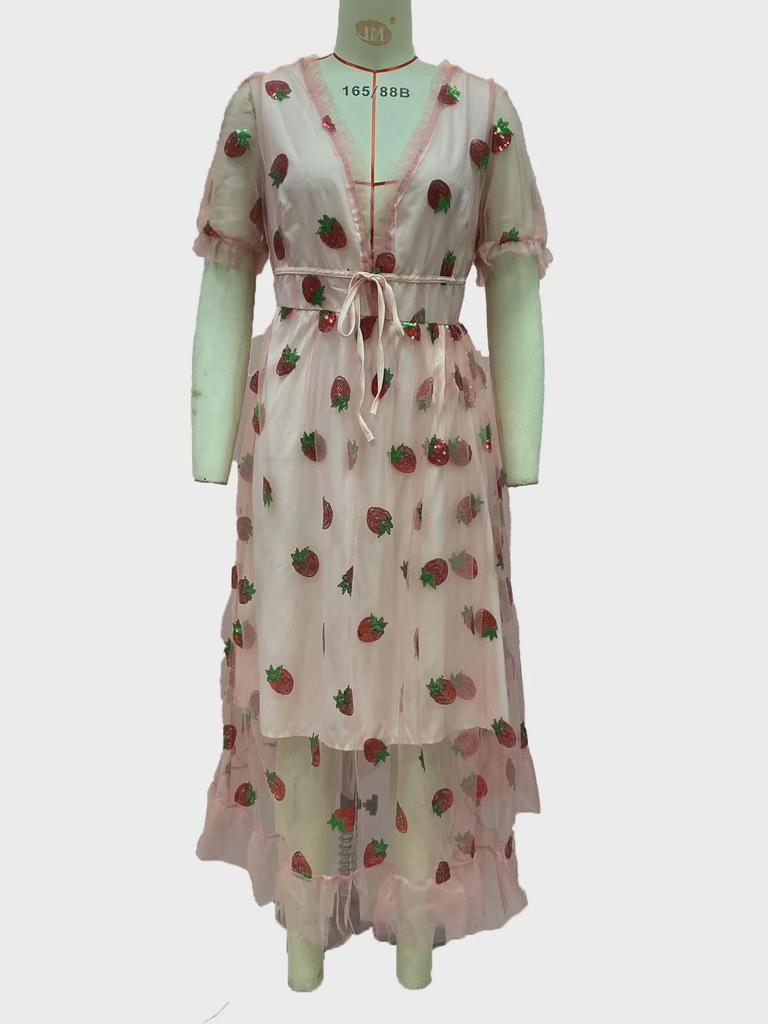 French Strawberry Sequin Pleated Dress with Mesh Straps - Summer Long Skirt, Two-Tone Design, 25 Options (LS8265)