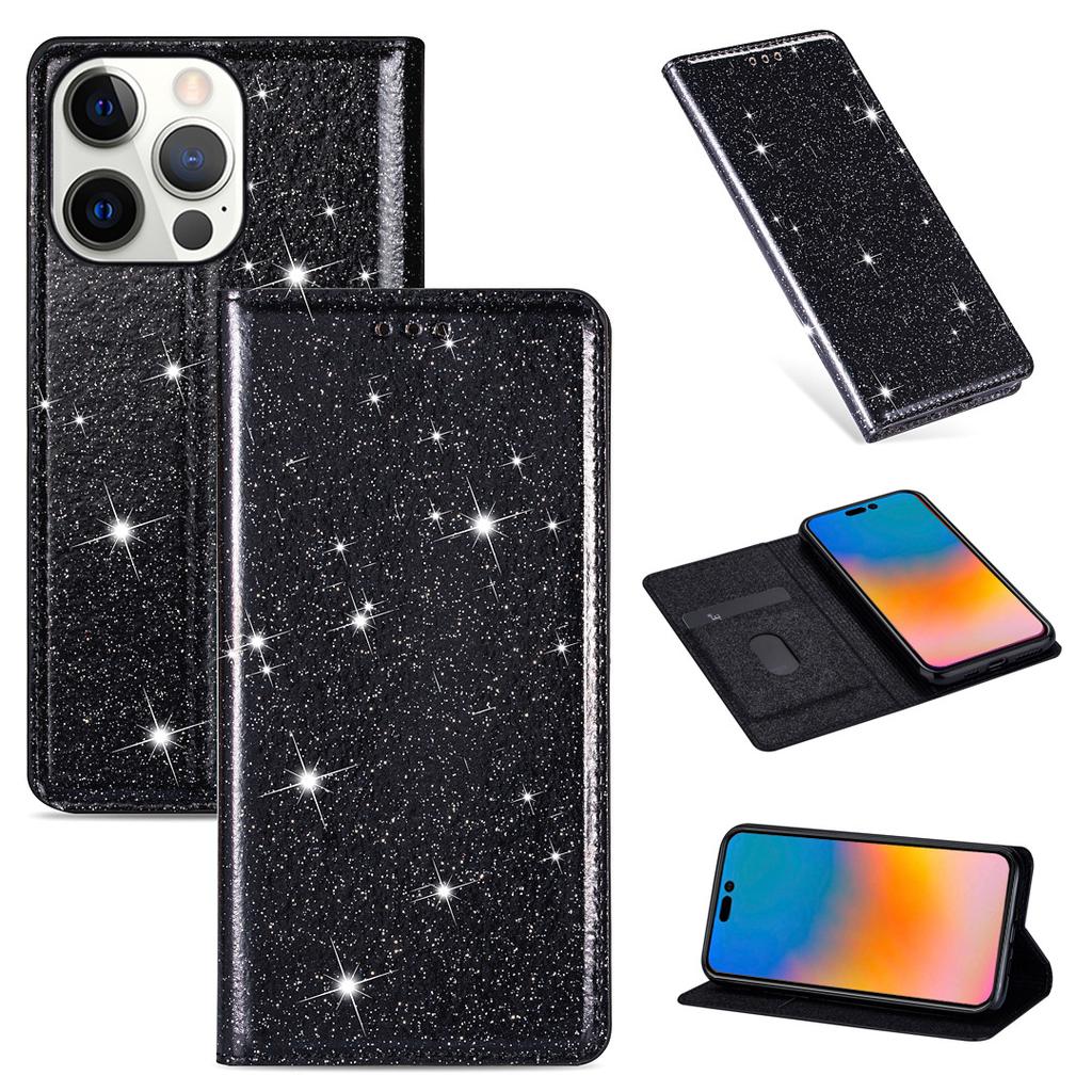 Applicable to Apple 15 glitter magnetic suction multi-card leather case 15pro women's glossy protective case 16pro card case