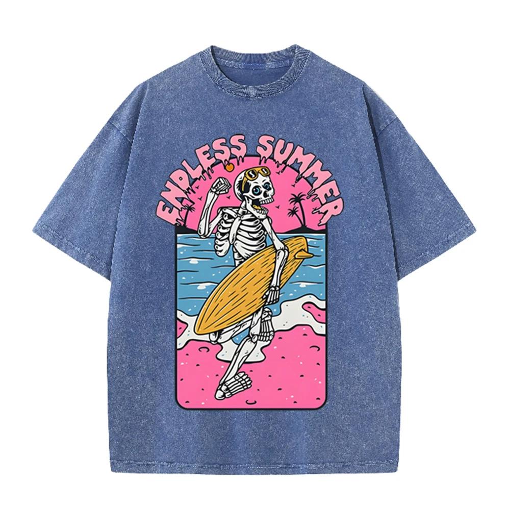 2026 Vintage Skeleton Surfer Endless Summer Graphic Black Acid Washed T Shirt Pink Beach Palm Tree Retro Cartoon Oversized Unise