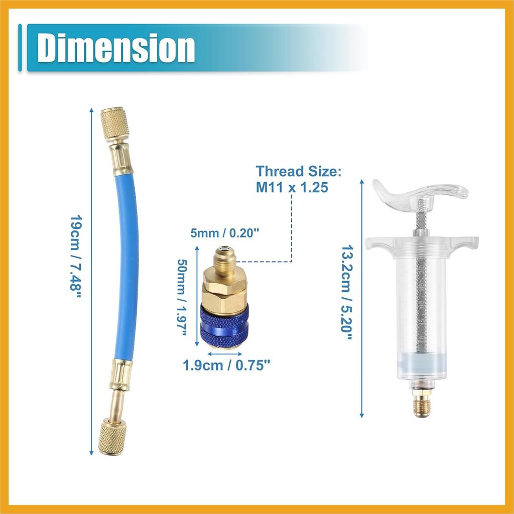 Oil and Dye Injectors Kit 30ml/1 Oz Hand Push Compressor Manual AC Oil Dye Injector with Quick Coupler 1/4 SAE Connector Car HVAC Compressor Oil Dye